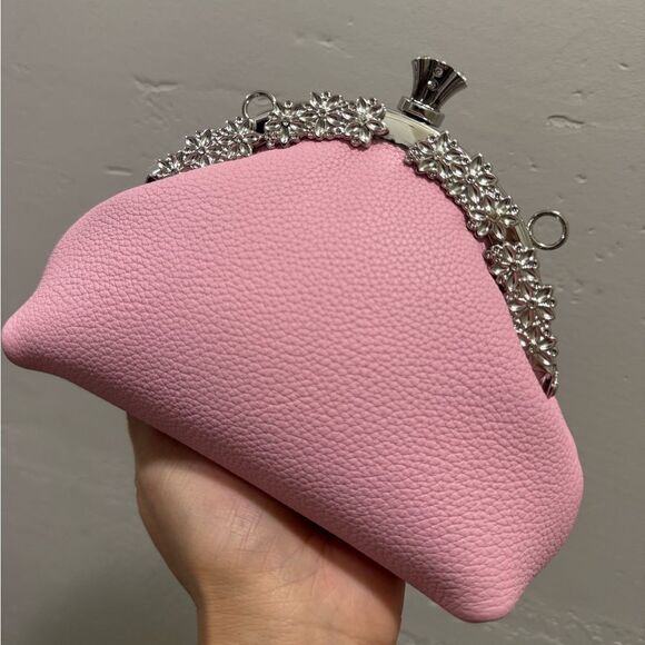 Pink Togo Calfskin Handmade Unique Kisslock Clutch, Wristlet, Crossbody - Picture 12 of 16